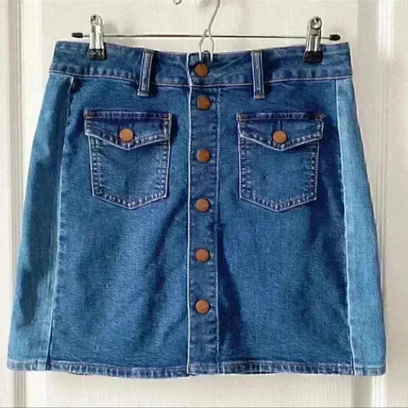 Madewell Denim Mini Skirt Button Front 2 Tone Blue Jean Size 26 - Picture 5 of 14